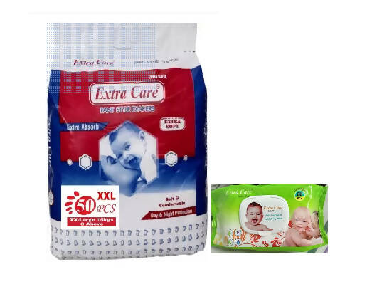 EXTRACARE Baby Pant Diaper XXL size (50 piece) + Baby Wipes (80 piece) (Combo of 2) - PyaraBaby