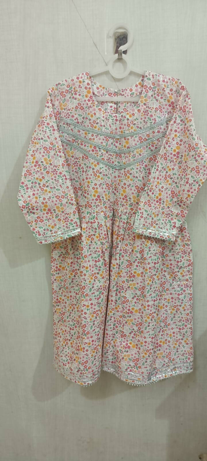 Beautiful White Color Floral Print Peplum Top and Garara with Silver Lace in the Top and Garara for Baby Girl - PyaraBaby