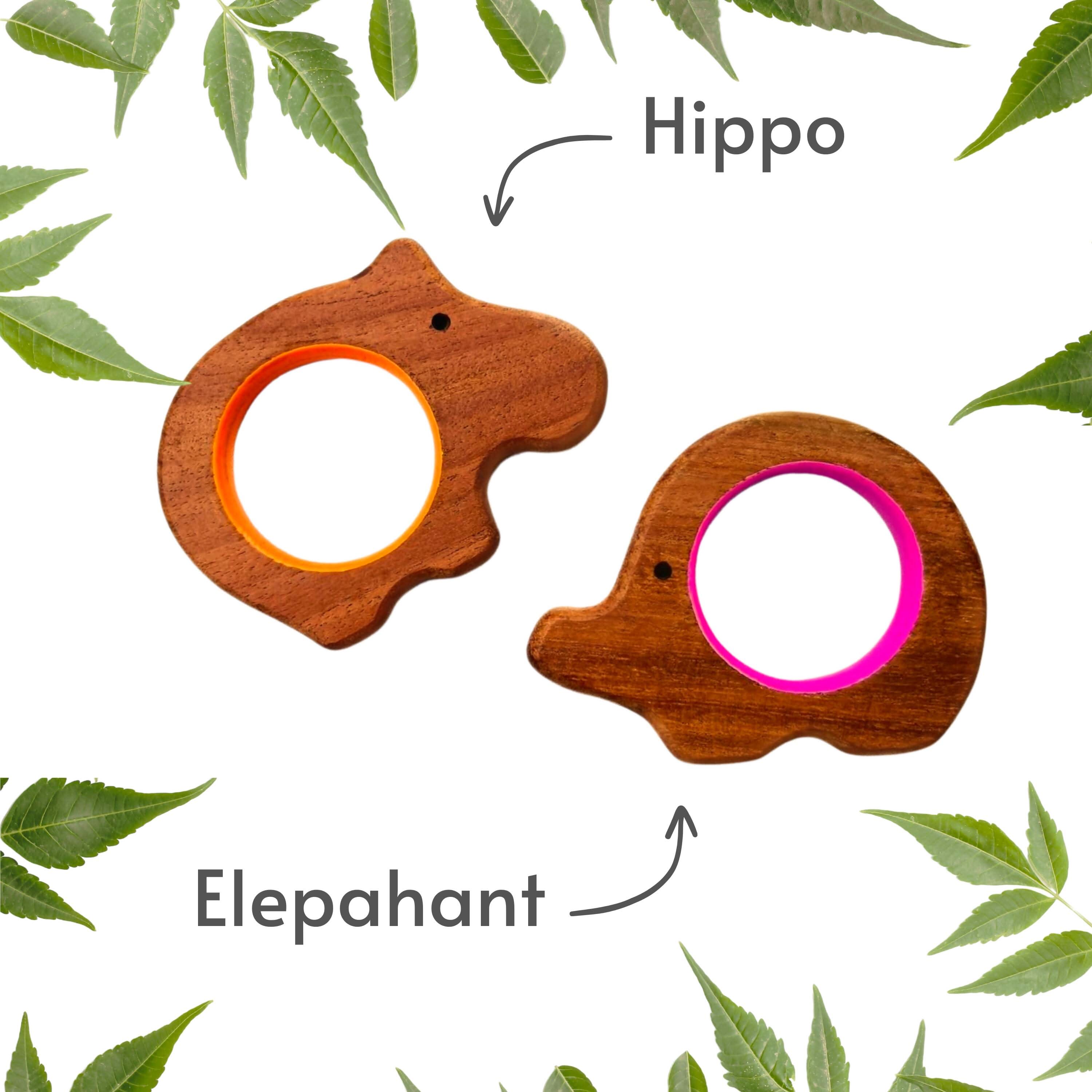 Soothe teething pains with Babycov's Cute Hippo and Elephant Neem Wood Teethers - natural comfort for safe and playful chewing!