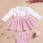 Children's outfit with pink checkered dress and bloomers