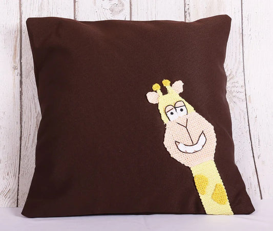 Smiling Giraffe Brown Crochet Cushion Cover - 16 x 16 inches - PyaraBaby