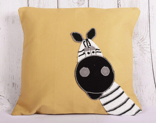 Whimsical Zebra Cream Crochet Cushion Cover - 16 x 16 inches