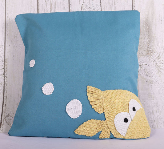 Quirky Fish Blue Crochet Cushion Cover - 16 x 16 inches
