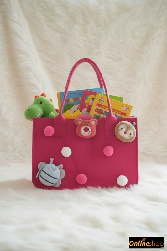 Pink children's bag with animal faces and toys 