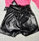 Girls’ Chic Pink Ribbed Top & Black Faux Leather Shorts Set