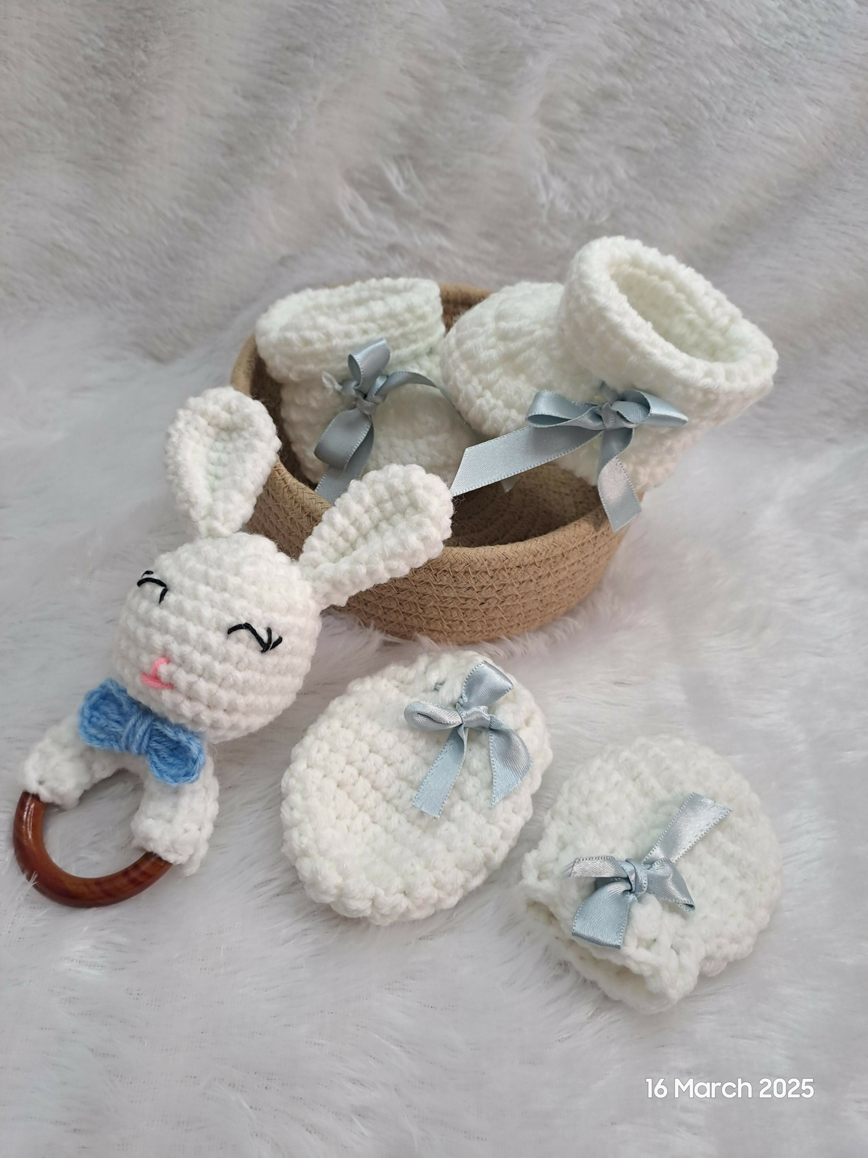 Booties, Rattle, Mittens & Basket Set – A Perfect Gift for Your Little One!