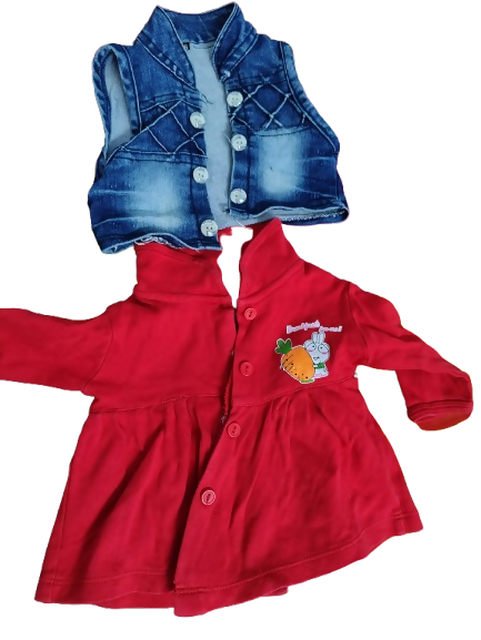 Red dress with a blue denim jacket on a white background