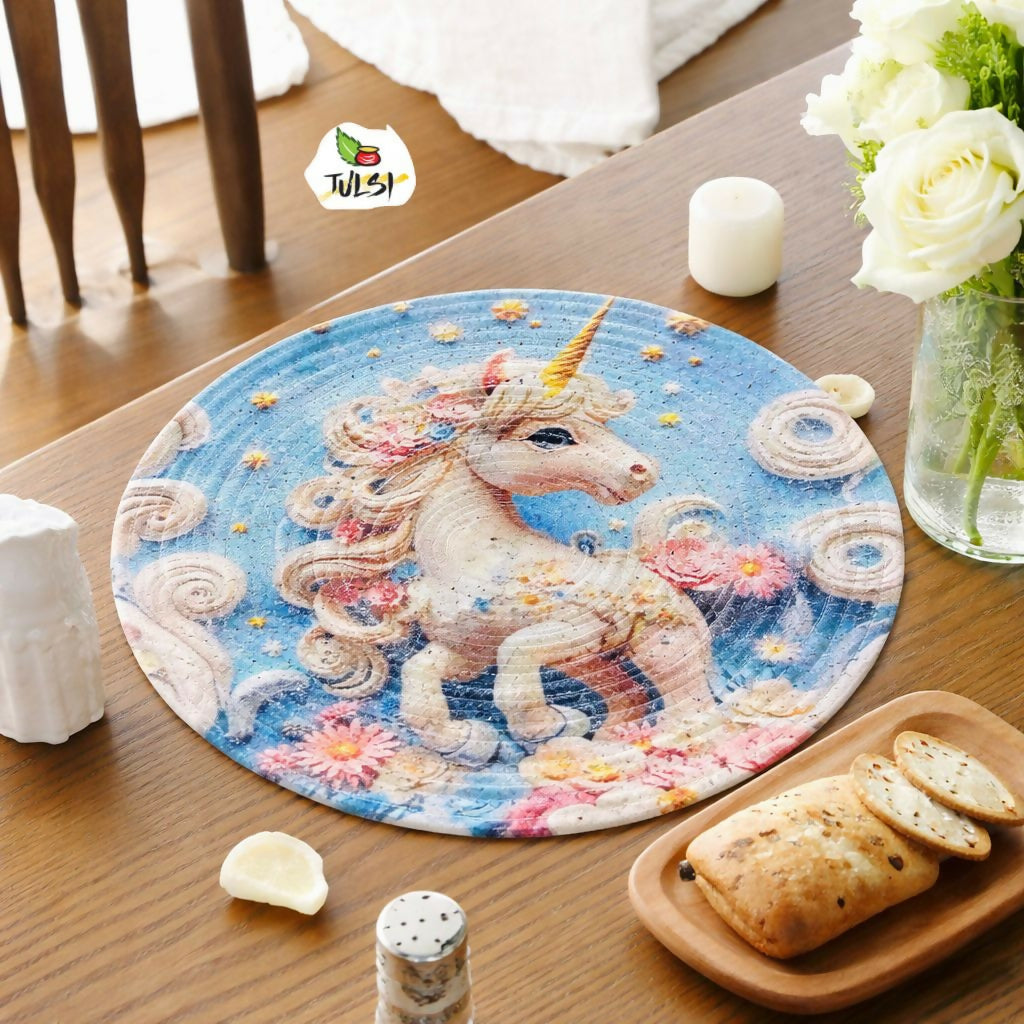 Round table mat with unicorn design 