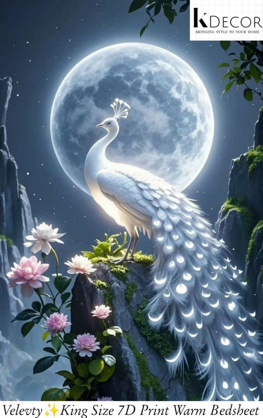 White peacock with a full moon in the background, surrounded by flowers and foliage bedsheet. 