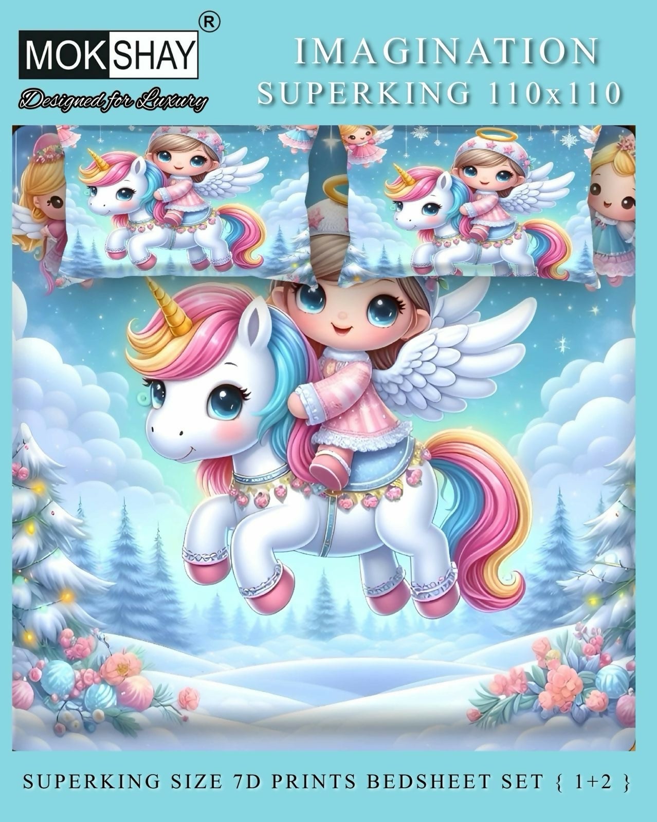 Children's bedding set with unicorn and fairy design on a blue background, featuring Mokshay branding.