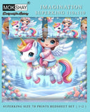 Children's bedding set with unicorn and fairy design on a blue background, featuring Mokshay branding.