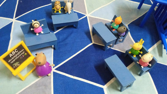 Kids combo with Peppa Pig classroom, toy dining set, foam number mat & play gym – fun, safe, and educational.
