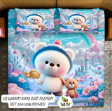 Children's bedding set with teddy bear design featuring a castle and flowers bedsheet.