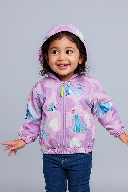 Cute purple Queen Elsa hooded jacket with hearts and Frozen prints for a magical, cozy look.