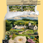 Bed sheets with a scenic design of a castle and garden 