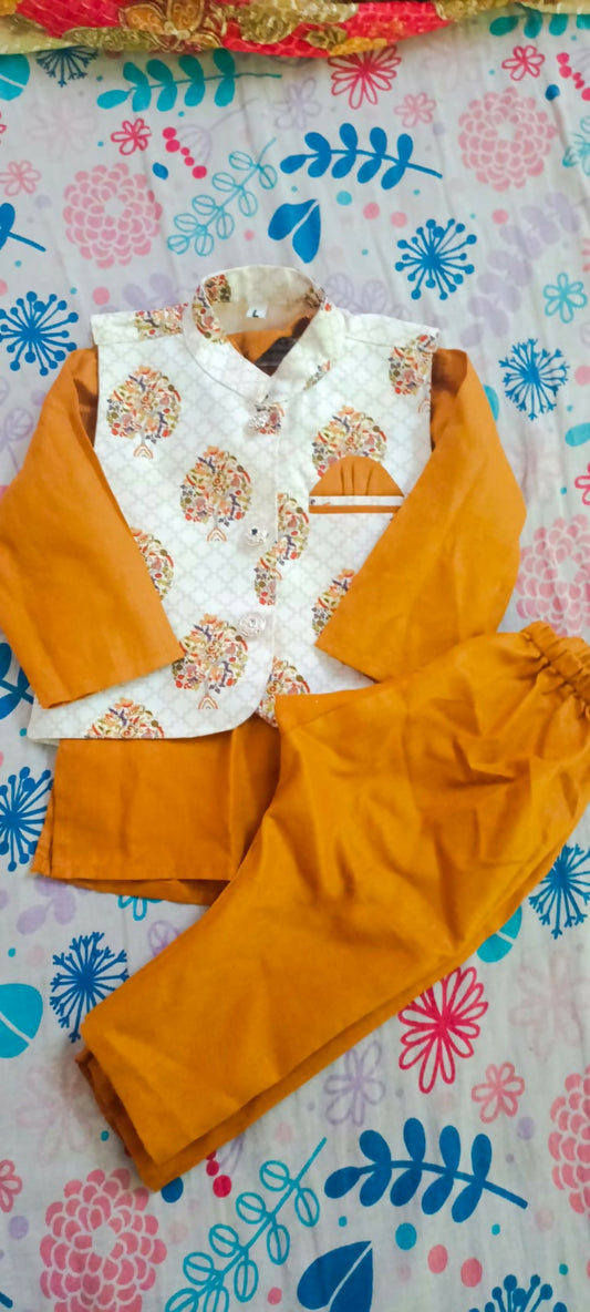  Dress your little one in style with the Kurta Pyjama and Printed Fancy White Base Jacket—perfect for festive occasions, blending tradition with a chic, modern touch!