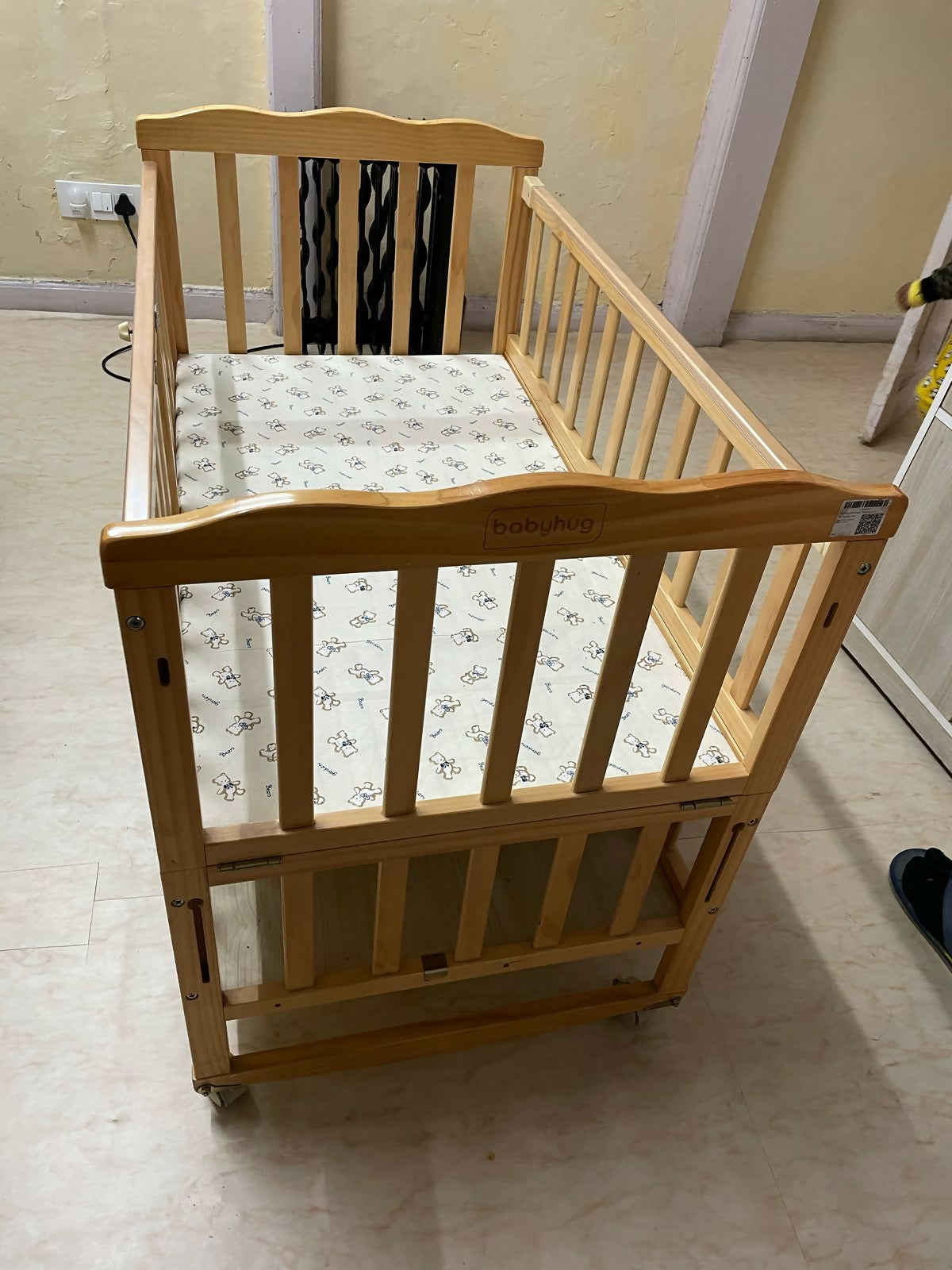 BABYHUG MONTANA Wooden Cot Cum Rocker With Mosquito Net - Natural| Wheels with Lock| Storage Space| Adjustable Height| Openable Side Rail| Foldable Headboard| Attach to Parent Bed| Convert to Study Table