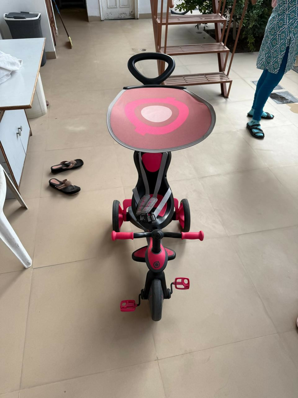 Baby tricycle with a sturdy frame, smooth wheels, ergonomic seat, and parent steering handle—perfect for safe and fun toddler adventures indoors and outdoors.