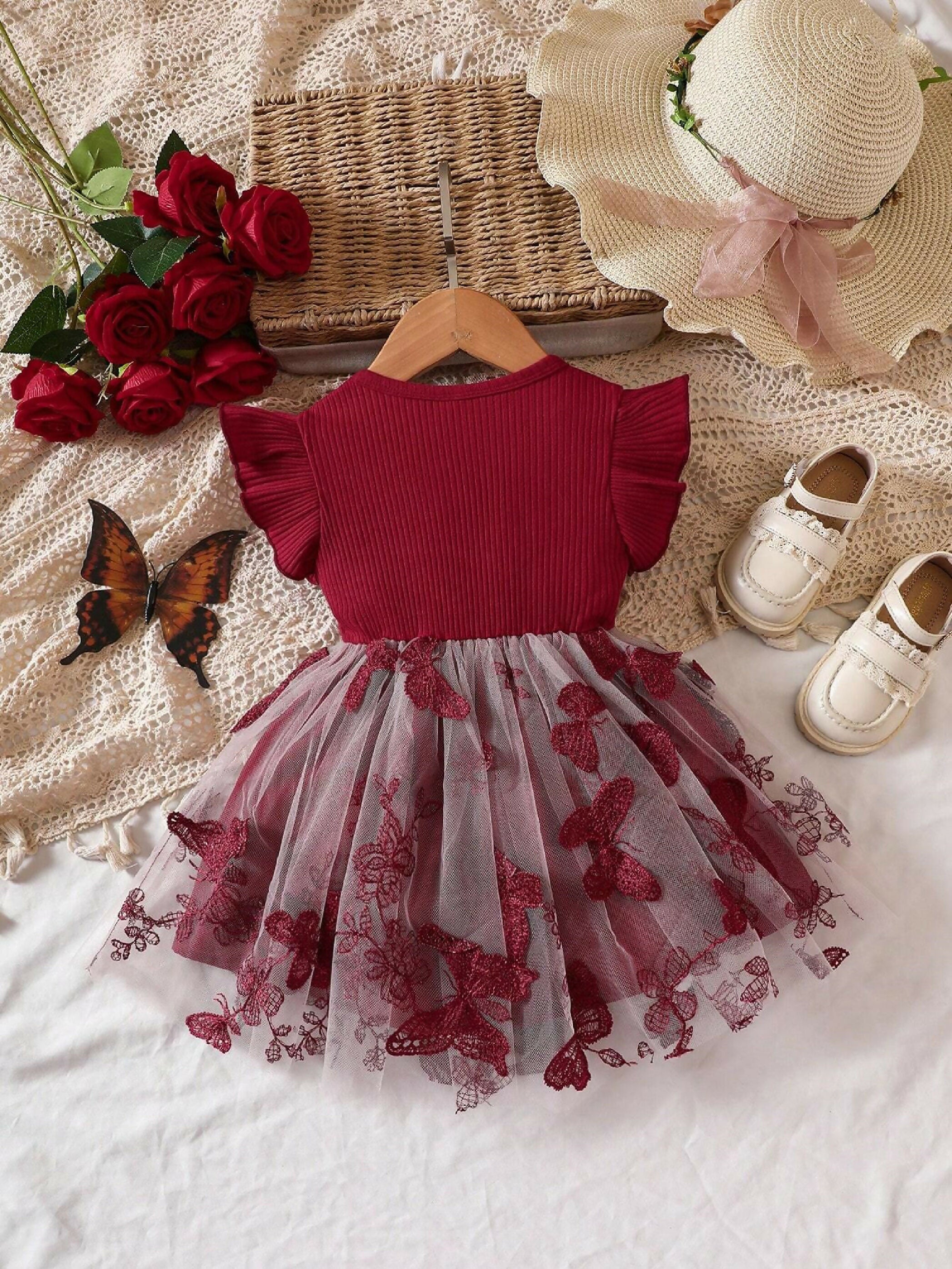 Girls Maroon Butterfly Net Party Dress with Bow