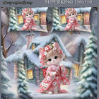 Decorative bedding set with a cat in a pink outfit in a snowy village scene, featuring MOKSHAY branding.