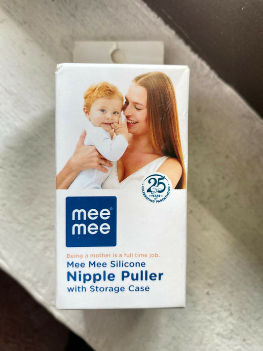 Mee Mee silicone nipple puller packaging with a woman and child on a textured surface