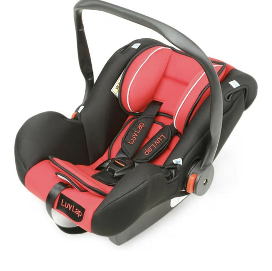 Red and black car seat with 'LuvLap' branding on a white background