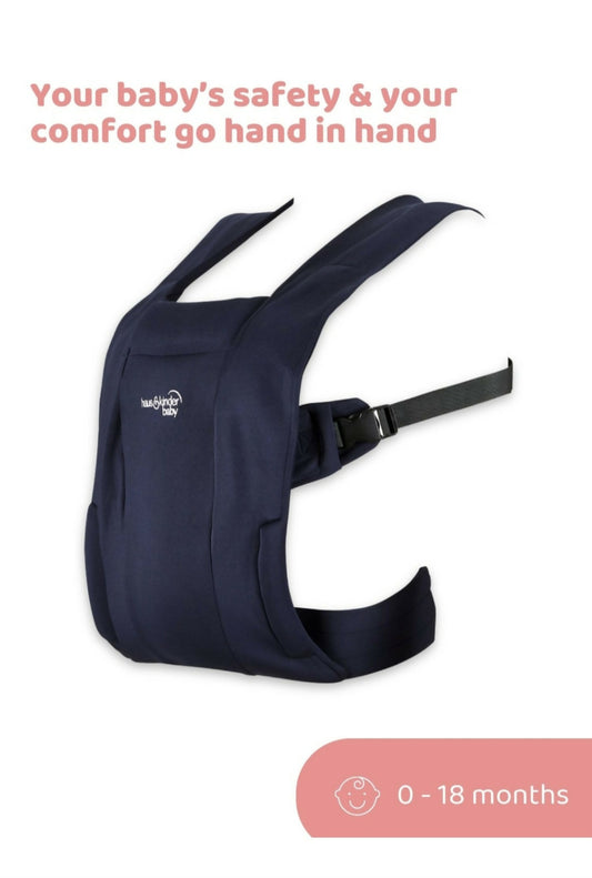 Navy baby carrier with text about safety and comfort on a white background