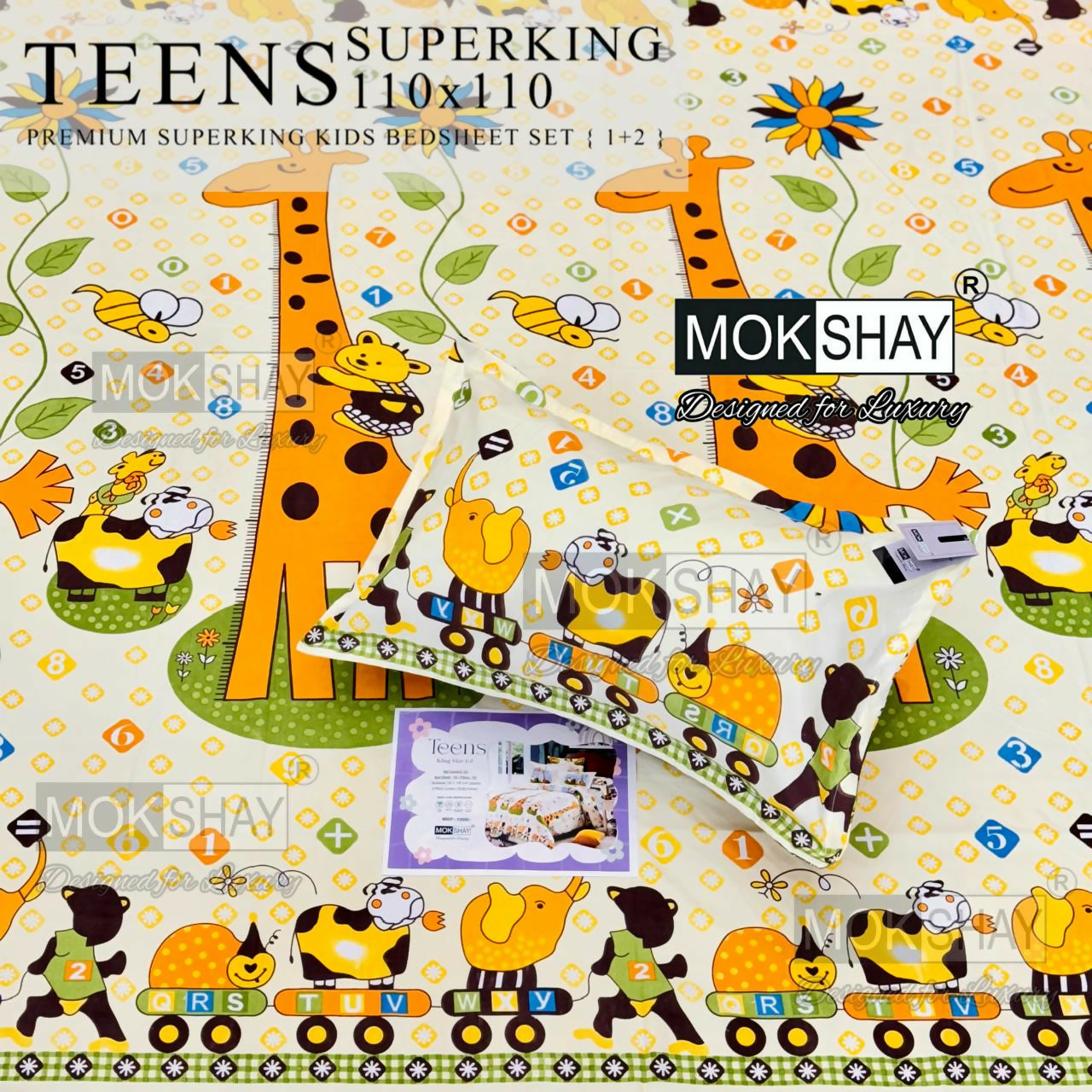 Children's bedding set with animal patterns and Mokshay branding