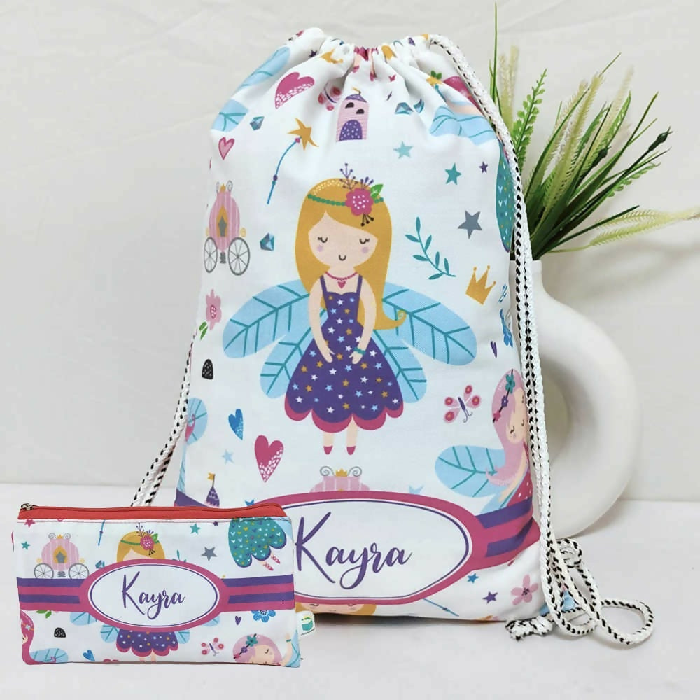 Drawstring bag and pencil case with fairy design and 'Kayra' branding on a light background.