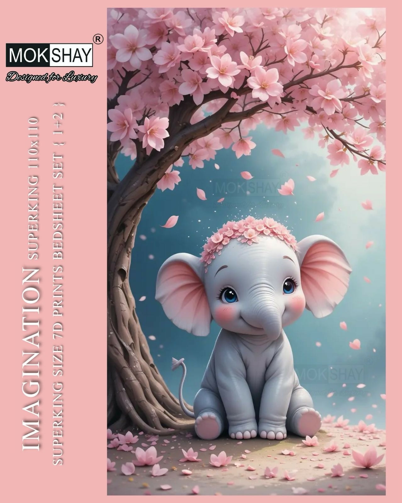 Illustration of a baby elephant under a cherry blossom tree with 'MOKSHAY' branding.