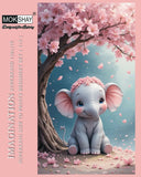Illustration of a baby elephant under a cherry blossom tree with 'MOKSHAY' branding.