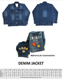 Denim jacket with customization options and size chart on a white background