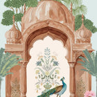 Decorative bedsheet with peacock design and architectural elements bedsheet.