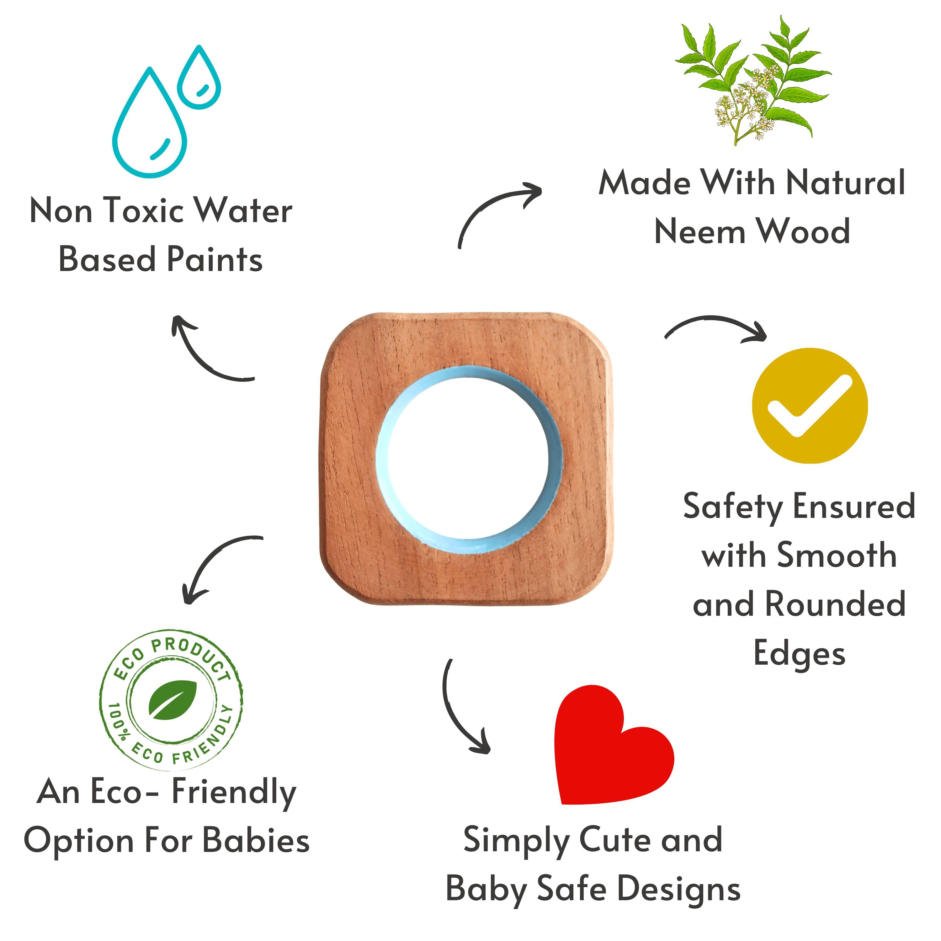 Explore shapes and soothe gums with Babycov's Cute Neem Wood Teethers - natural comfort for safe and playful chewing!