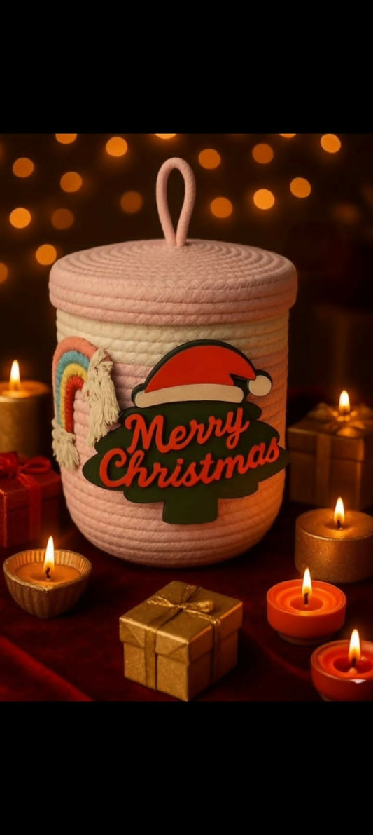 Decorative woven basket with 'Merry Christmas' text
