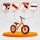 Orange balance bike with features highlighted on a white background