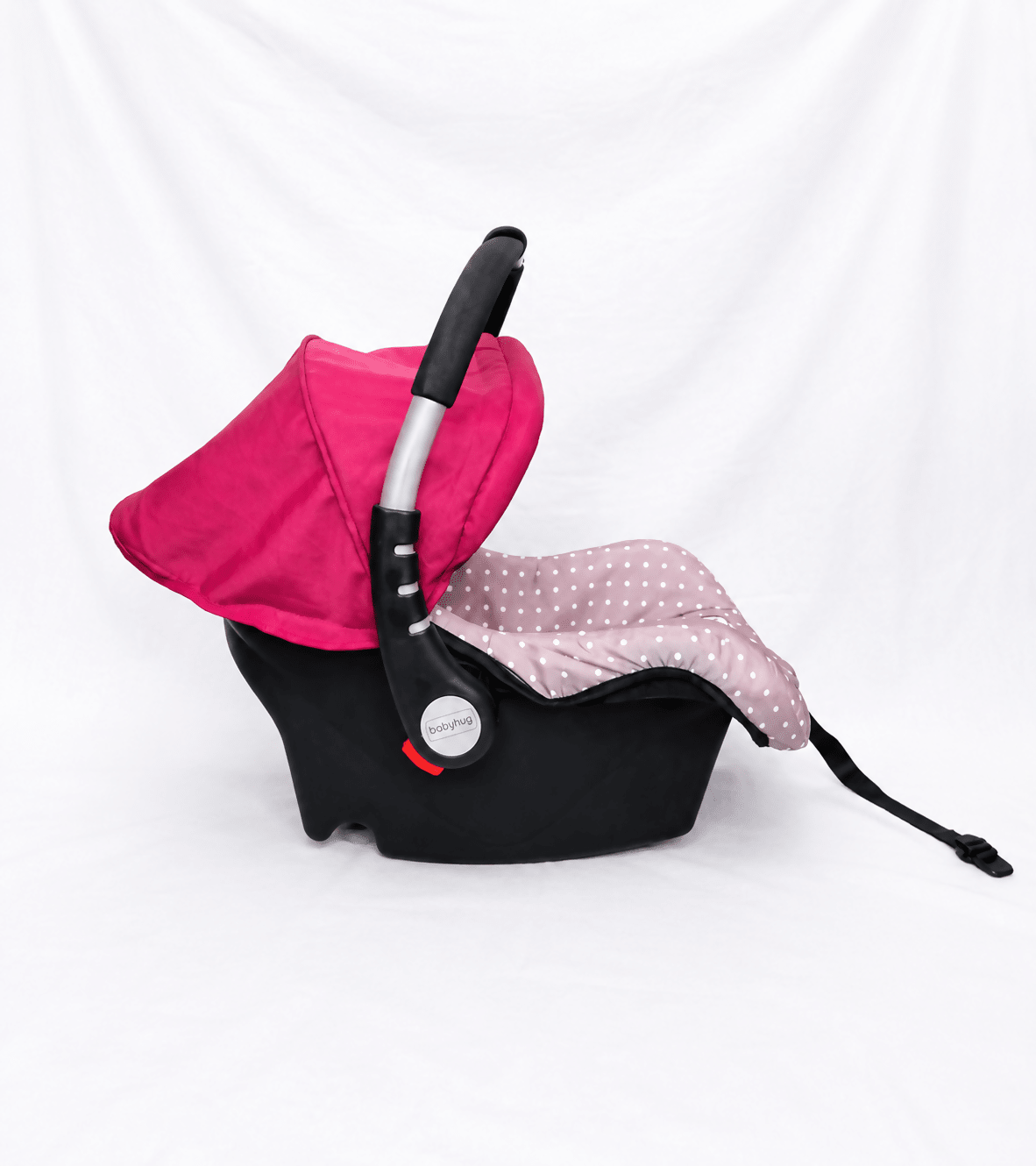 BABYHUG infant car seat carry cot with baby carrier function, rear-facing design, cushioned seat, secure safety harness, and carry handle for newborns and infants up to 13 kg.