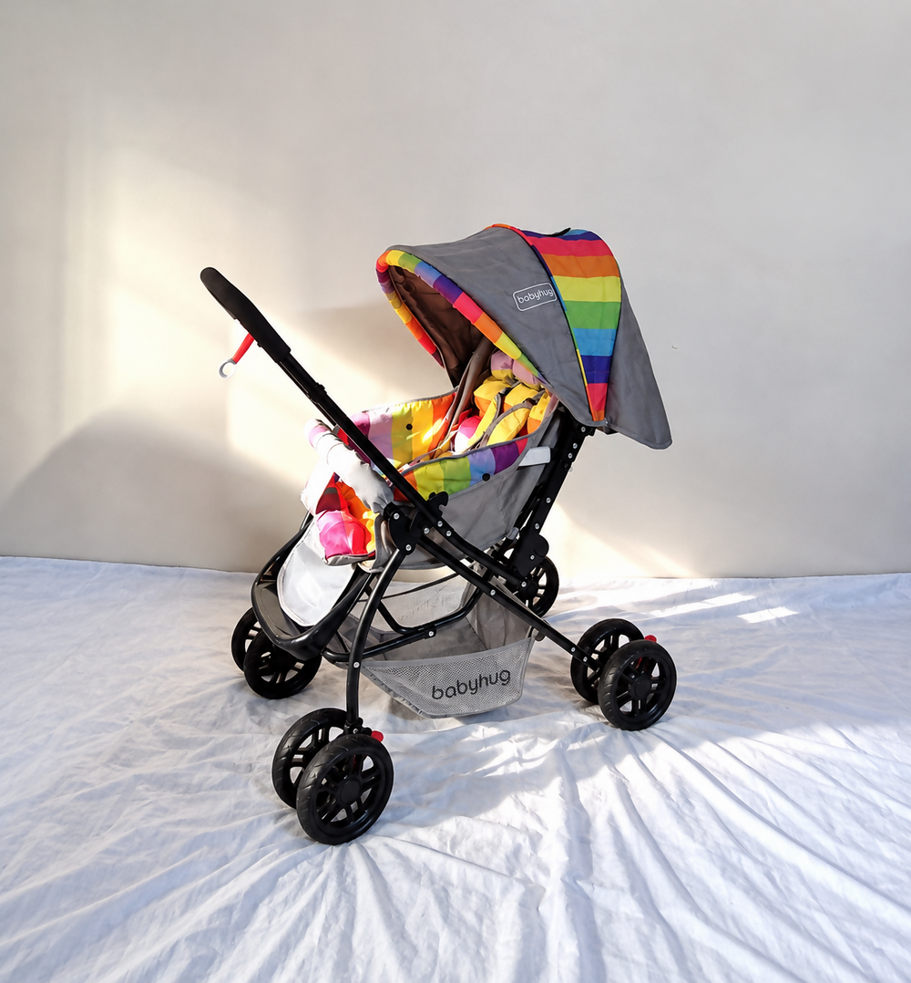 BABYHUG Cosy Cosmo Vibgyor Baby Stroller B189 with reversible handle, reclining seat and foldable design.
