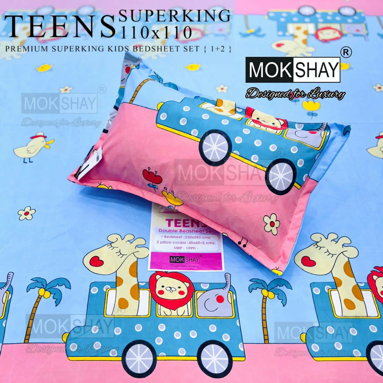 Children's cartoon-themed bedsheet set with pink and blue design on a blue background, featuring MOKSHAY branding.