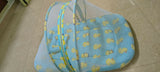 BABYHUG cotton bedding set with mosquito net featuring a soft mattress, pillow, breathable cotton fabric, and protective mosquito net for a comfortable and secure sleeping environment for babies.