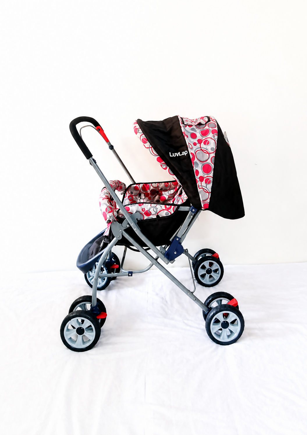 LuvLap Starshine baby stroller with foldable reclining travel pram design, adjustable canopy, safety harness, smooth wheels, and comfortable travel support for babies and toddlers.