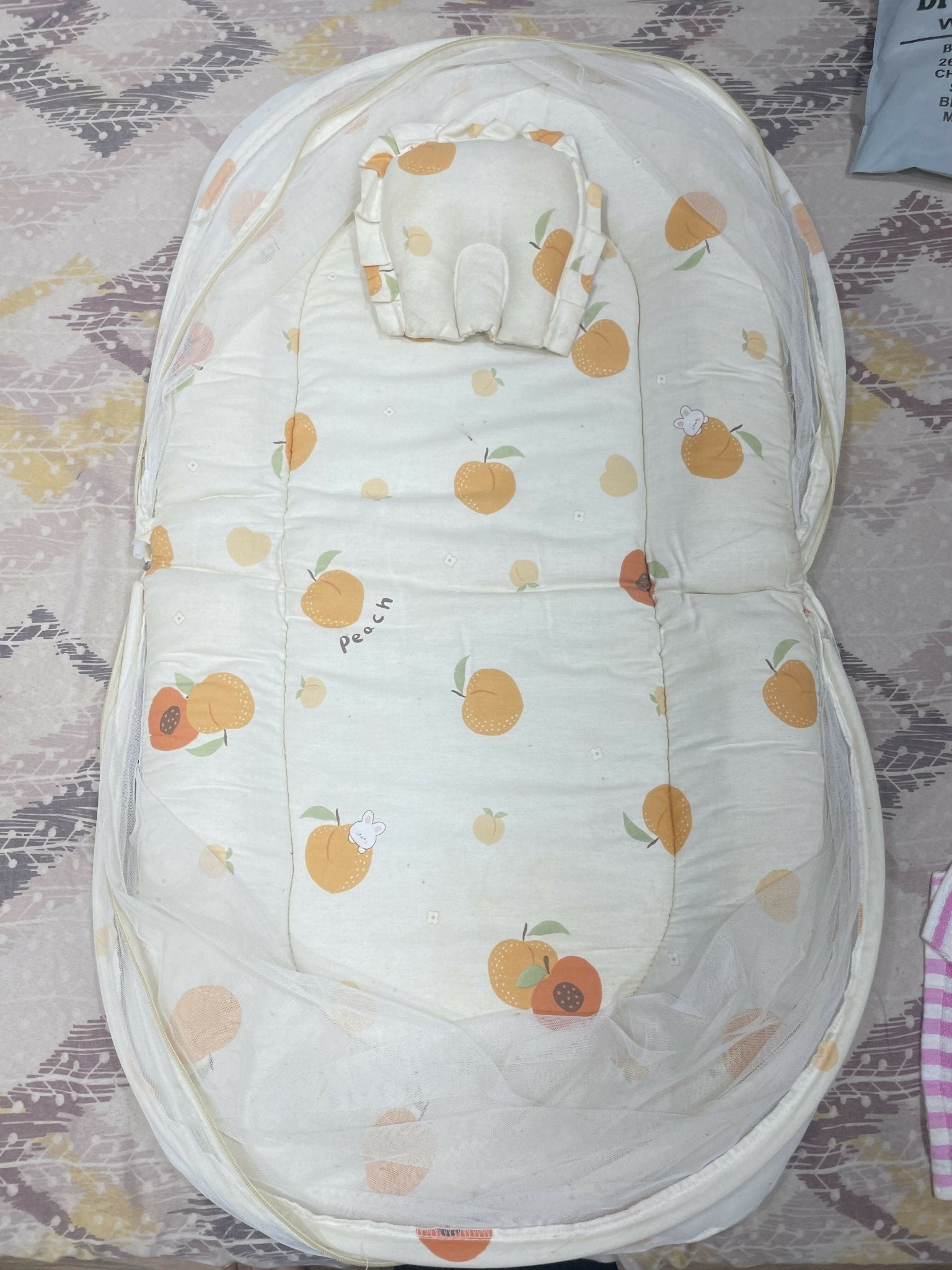 Baby bedding with mosquito net featuring a soft mattress, pillow, breathable fabric, and protective mosquito net for a cozy, comfortable, and secure sleeping space for babies.
