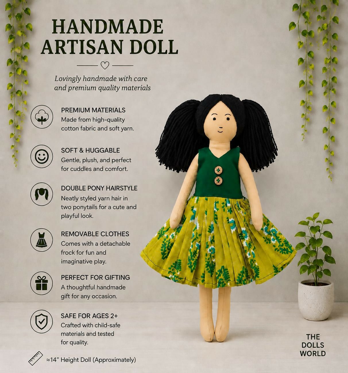 Handmade artisan dolls crafted with soft, premium-quality materials and intricate handcrafted details, perfect for imaginative play, nursery décor, gifting, and collectible displays.