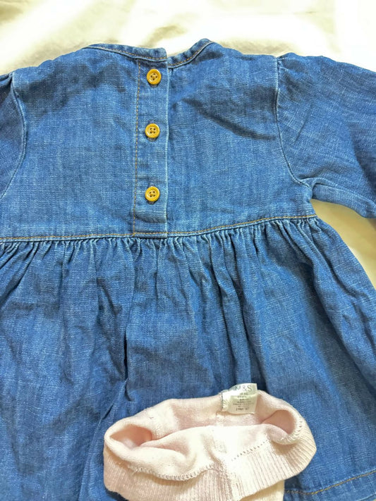 MARKS & SPENCER denim dress with pink stockings – stylish, coordinated, and comfy outfit for every little girl.

