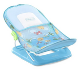 Babyhug Bubble Joy baby bather aquatic print in blue with ergonomic design, comfortable support, soft fabric, and secure reclining seat for baby bath time comfort.