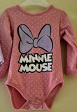 Pink 'Minnie Mouse' onesie with a purple bow 