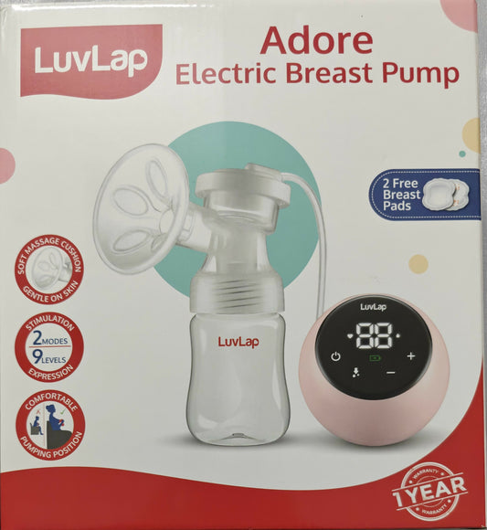 Luvlap Adore Electric Breast Pump packaging with pump and control panel on a white background