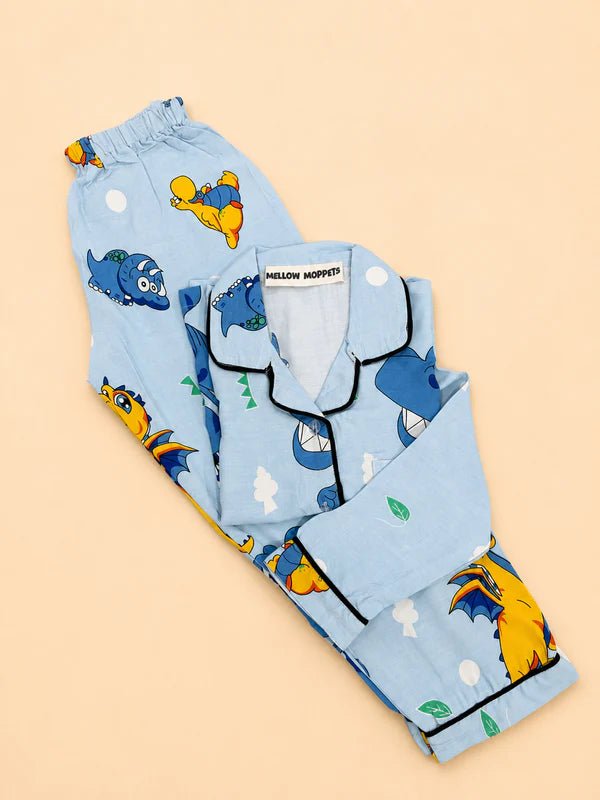 MELLOW Blue Dinosaur night suit with soft comfortable fabric, playful dinosaur-themed print, relaxed fit, and cozy comfort for bedtime, sleep, and everyday lounging.