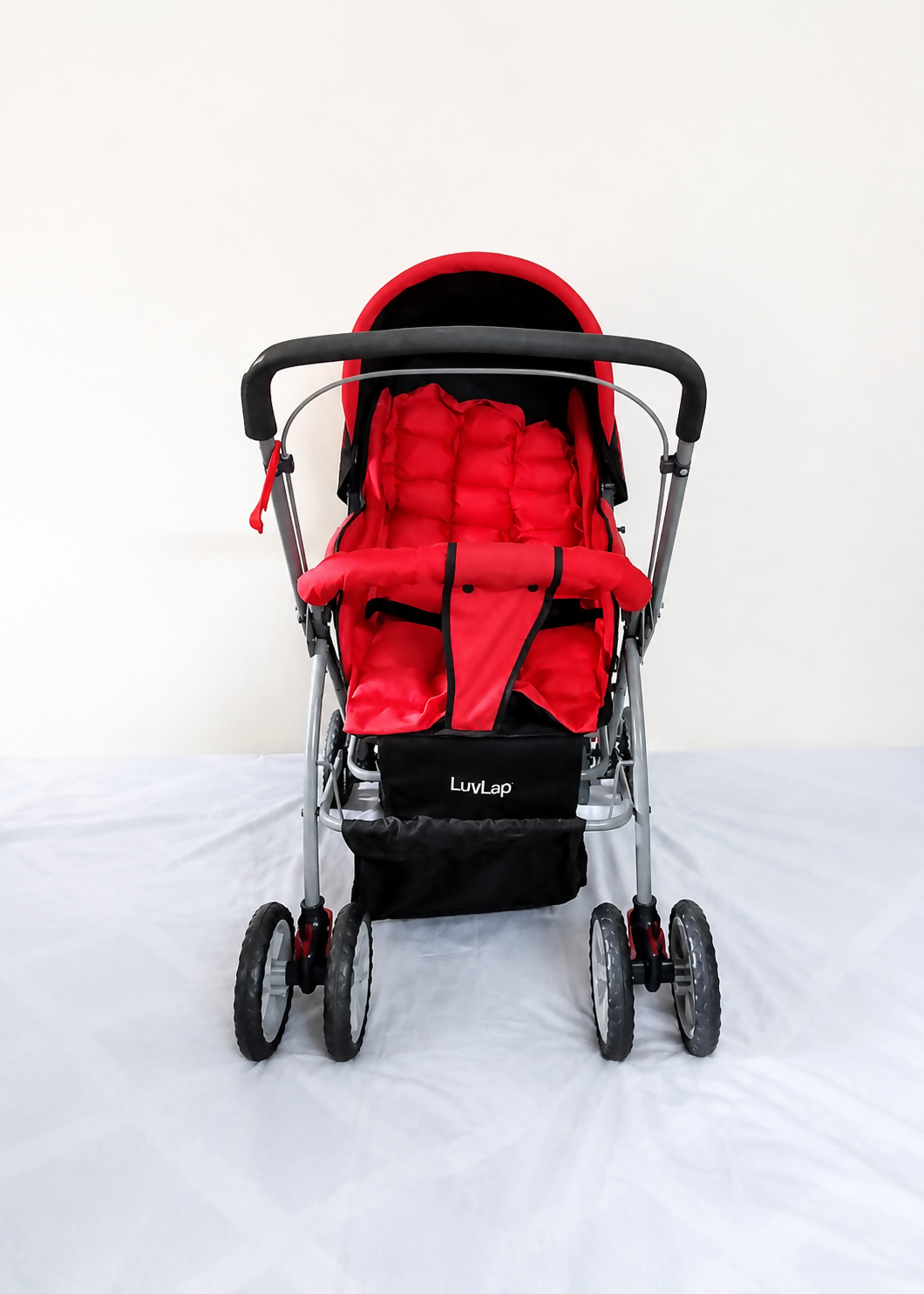LuvLap foldable baby stroller with a reclining seat, 5-point safety harness, adjustable canopy, smooth wheels, and a lightweight design for comfortable everyday travel.