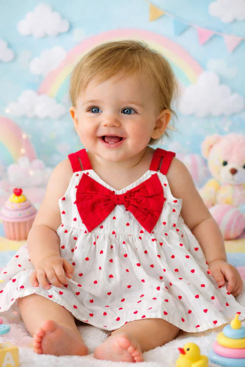 Baby in a polka dot dress with a red bow sitting on a colorful background 